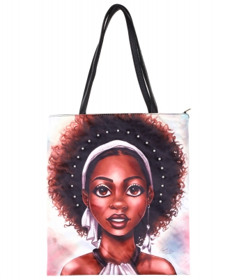 Women Print Sequined Tote Bag A039PP BLACK A